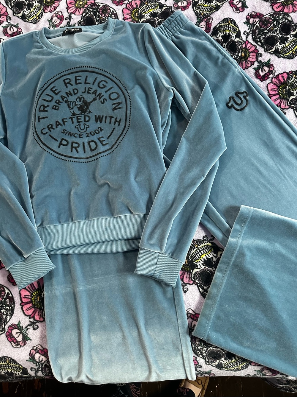 True Religion Blue Velour Pantsuit with Logo